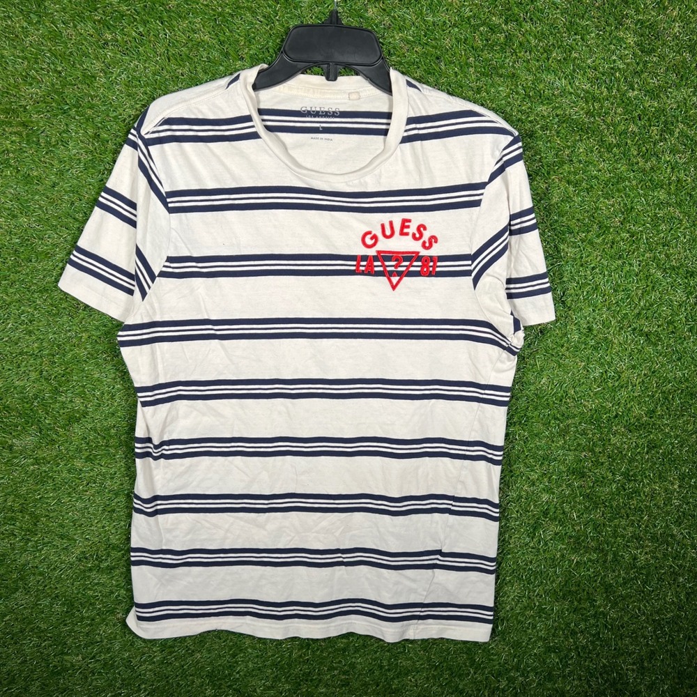 Guess Los Angeles Mens‎ Large Striped T-Shirt Cream Navy Blue Red Logo Y2K